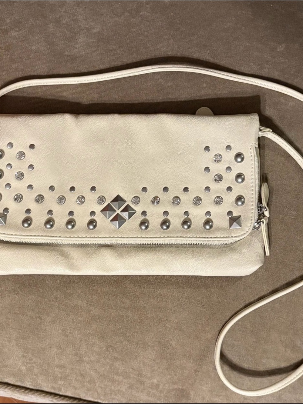 ALDO Cream Colored Jeweled Crossbody Bag Featuring Stud Detailing